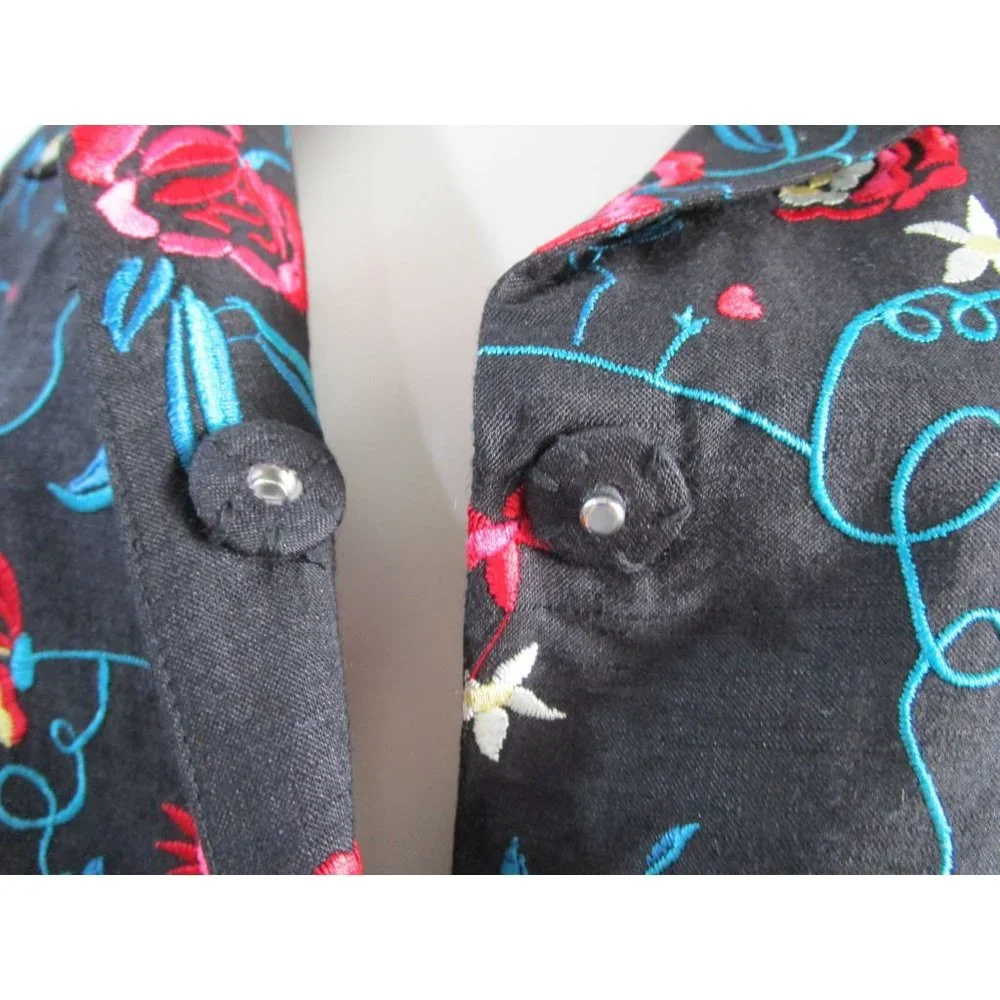 David Brook Floral Embroidered Black Shantung Silk Duster Coat Ladies XL EUC - Picture 10 of 16